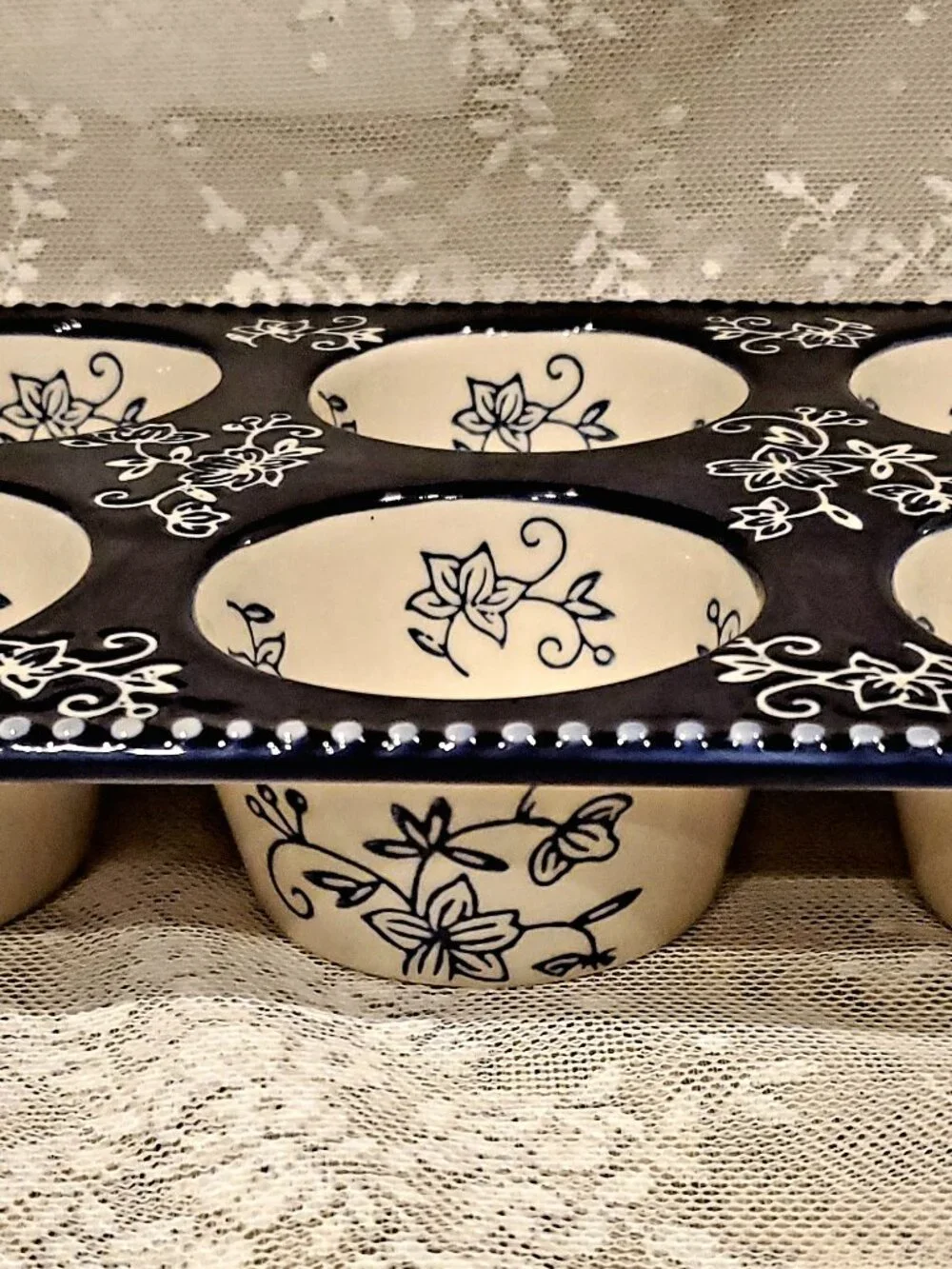 Temptations Cobalt Blue & White Floral Lace 6 Hole Cupcake Muffin Baker